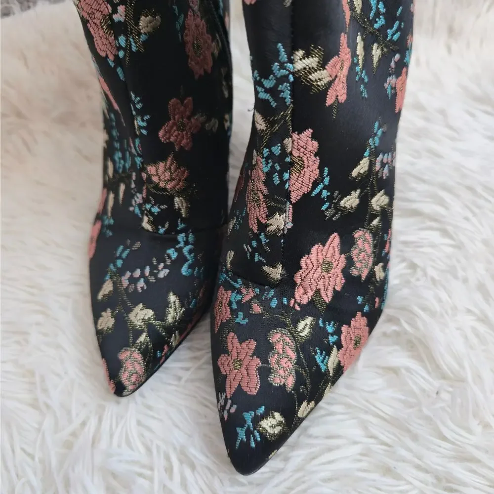 Charlotte Russe Black And Pink Floral Embroidered Dark Romantic Ankle Boots